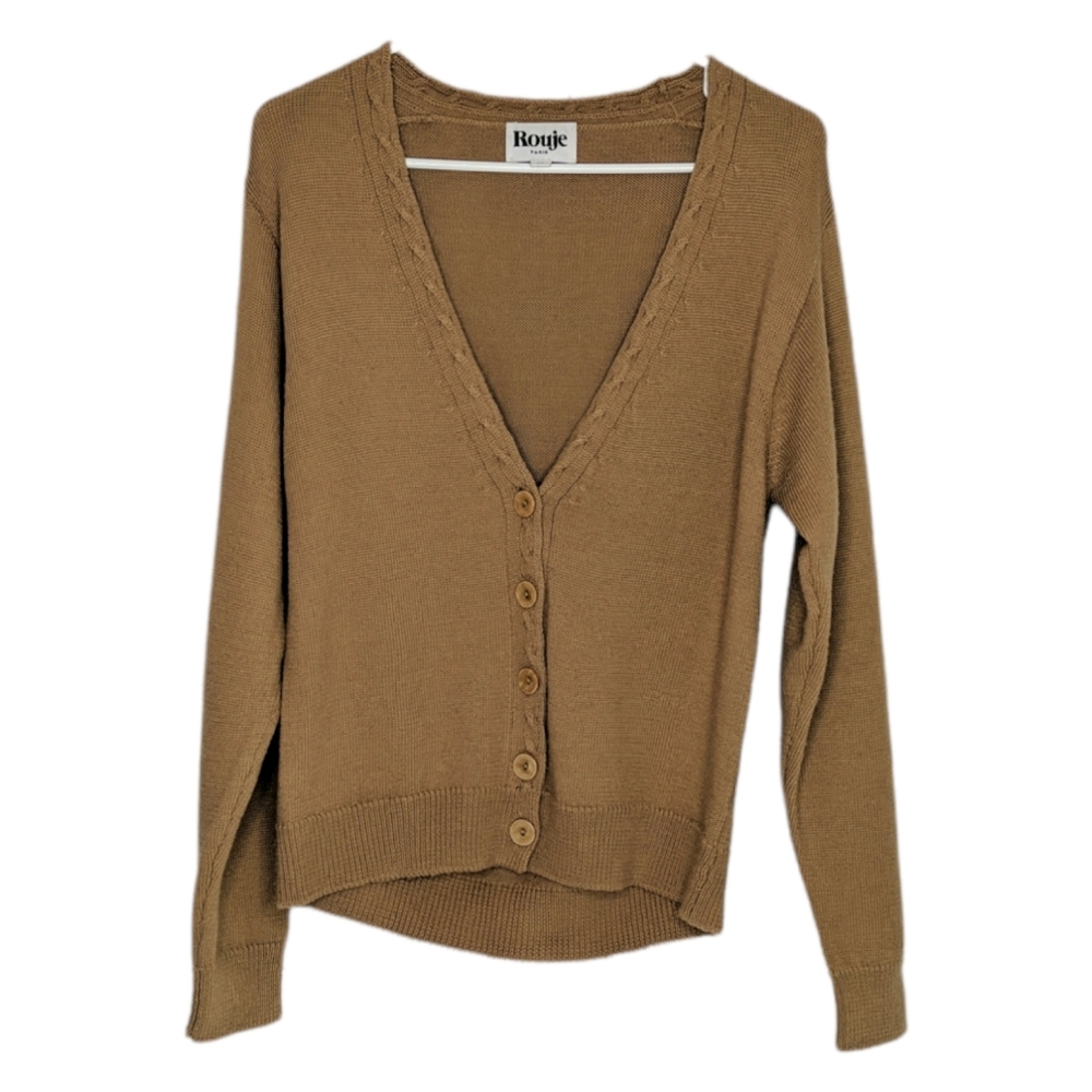 Rouje Annette Cardigan Camel Tan Brown Buttons V Neck Wool Blend EU 34